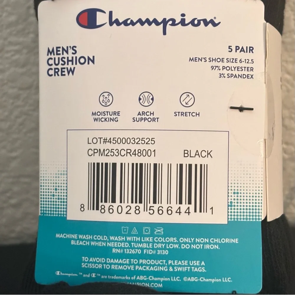 NEW CHAMPION 5 Pair Men’s Performance Cushion CREW SOCKS Black SIZE 6-12.5